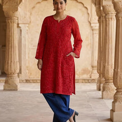 Resham Chikan Readymade Viscose Georgette Kurta Red