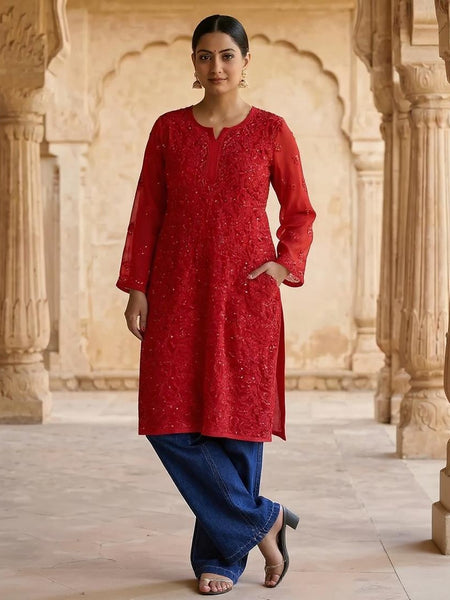 Resham Chikan Readymade Viscose Georgette Kurta Red