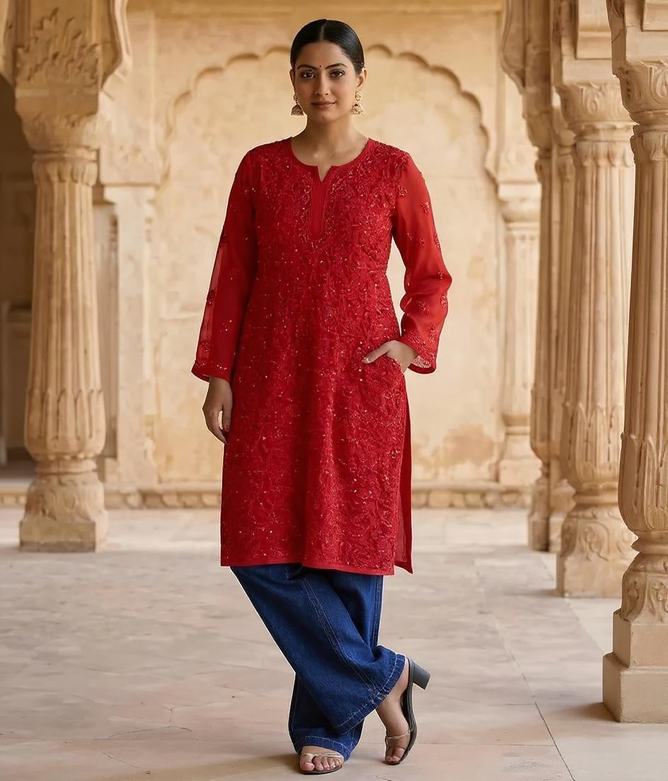 Resham Chikan Readymade Viscose Georgette Kurta Red