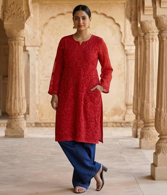 Resham Chikan Readymade Viscose Georgette Kurta Red