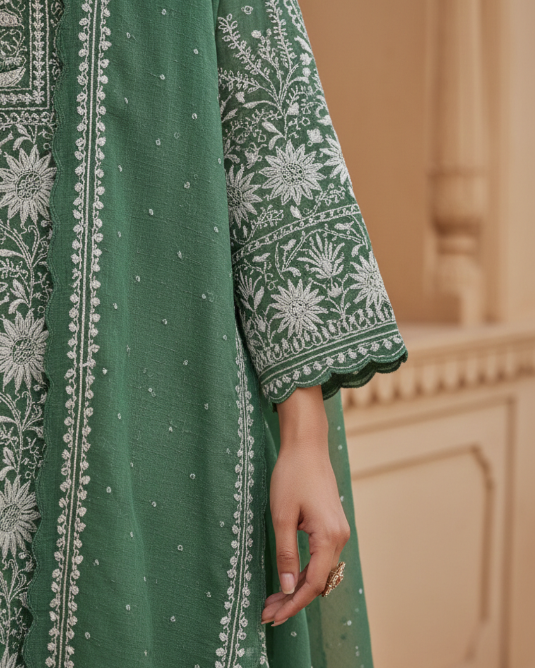 Green Semistitched Chikankari Suit Set
