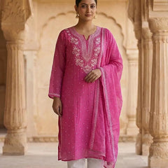 Nazaarat Mulchanderi Semistitched Pink Suit With Swarovski Pearl Work