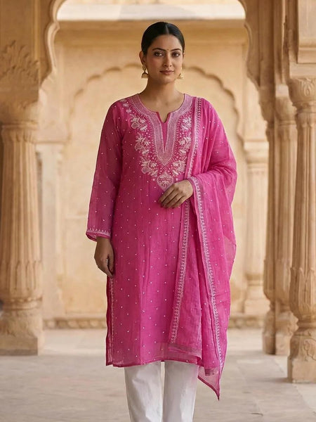 Nazaarat Mulchanderi Semistitched Pink Suit With Swarovski Pearl Work
