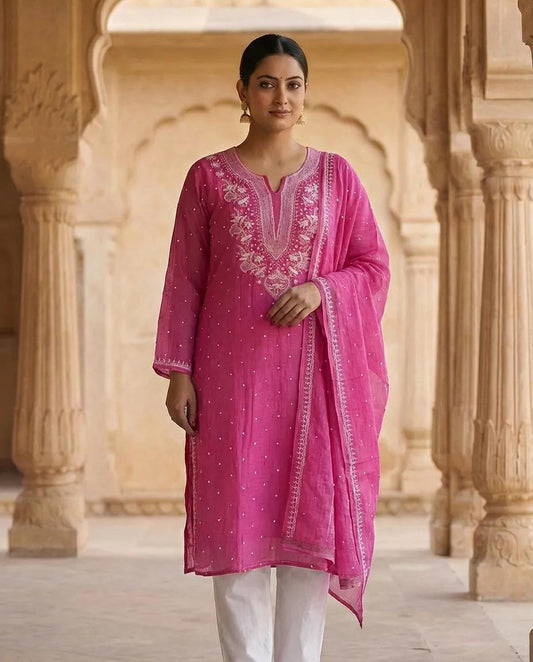 Nazaarat Mulchanderi Semistitched Pink Suit With Swarovski Pearl Work