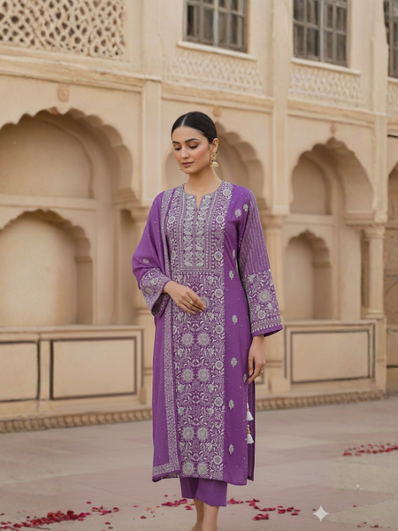 Purple Chikankari Semistitched Suit Set