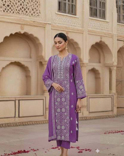 Purple Chikankari Semistitched Suit Set