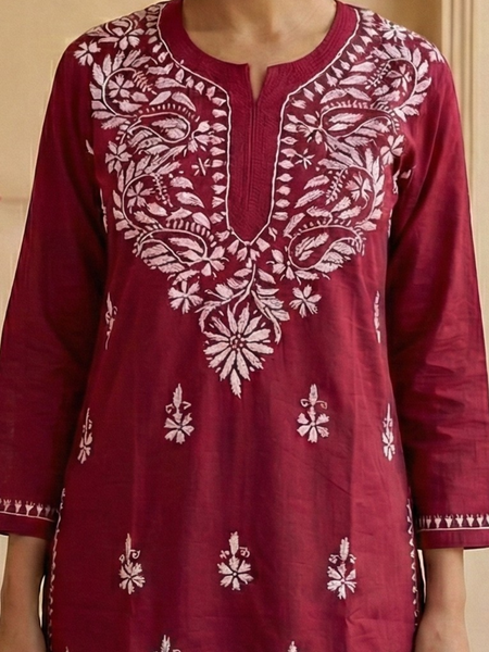 Red Readymade Cotton Short Kurti