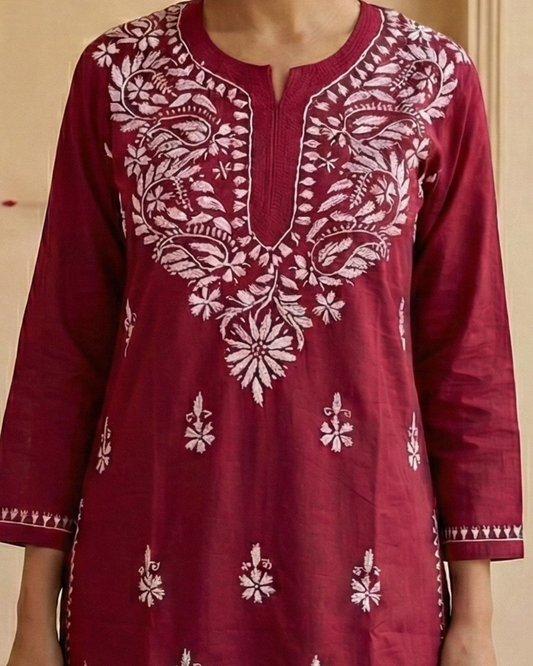 Red Readymade Cotton Short Kurti