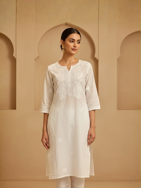 Saadgi Readymade White Cotton Long Kurti