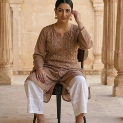 Resham Readymade Viscose Georgette Kurta In Tan Color