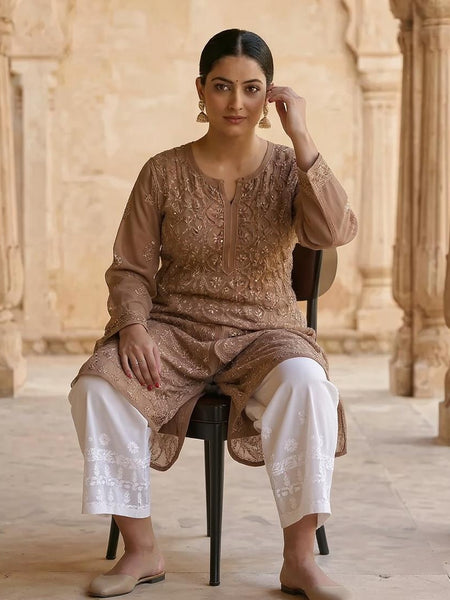 Resham Readymade Viscose Georgette Kurta In Tan Color
