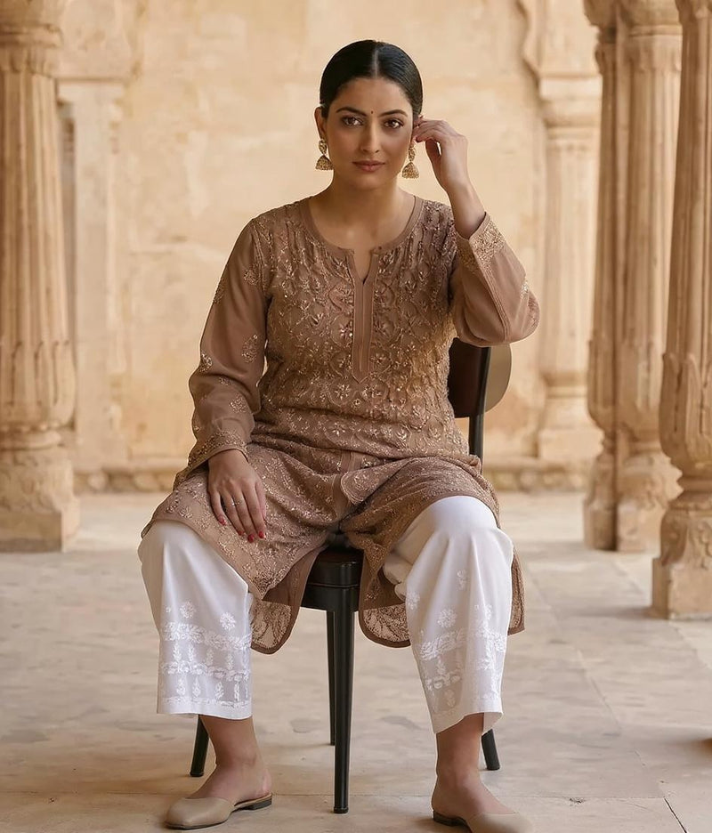 Resham Readymade Viscose Georgette Kurta In Tan Color