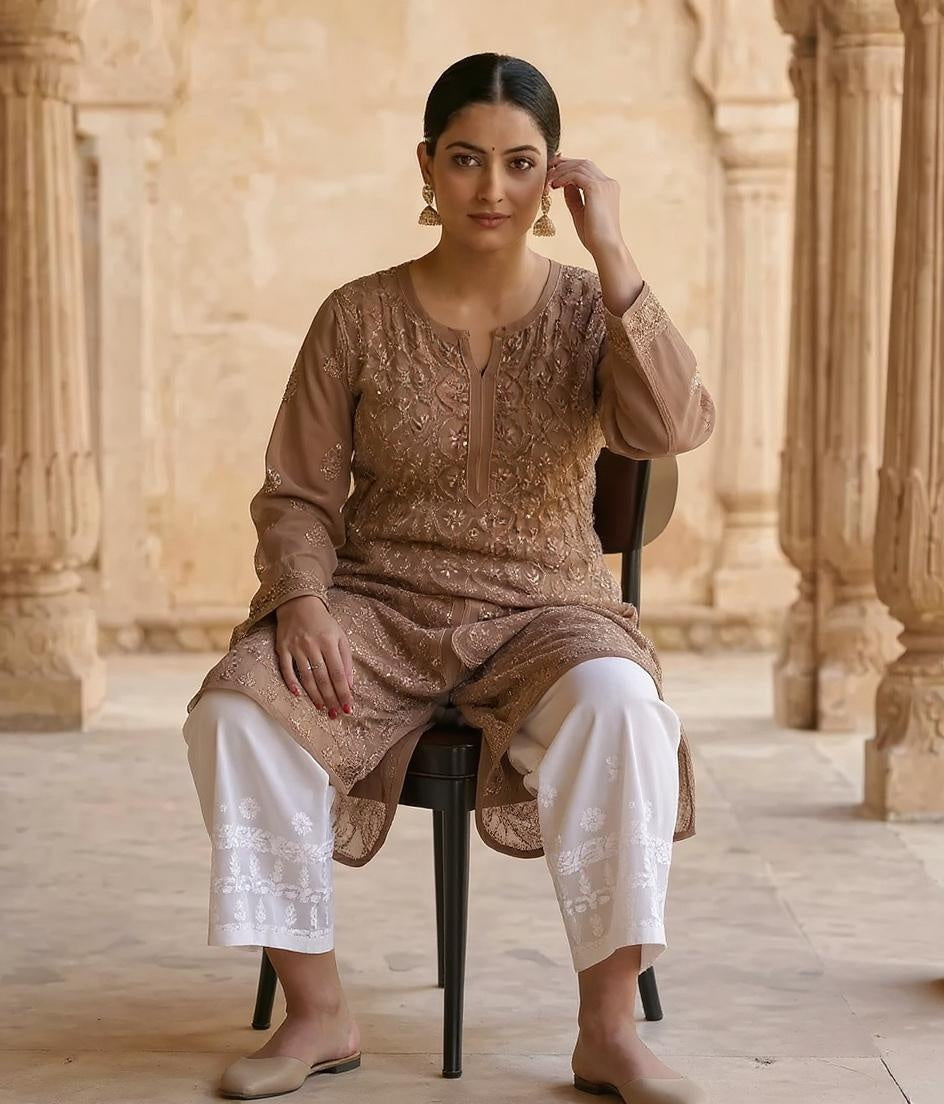 Resham Readymade Viscose Georgette Kurta In Tan Color