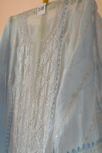 Blue Bronze Organza Chikankari Set