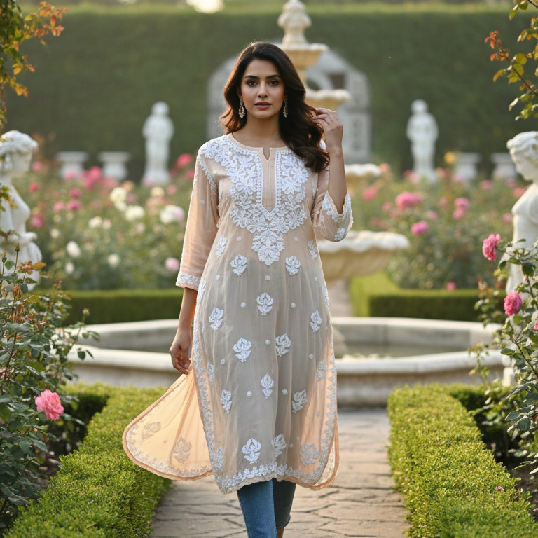 Beige Viscose Georgette Chikankari Readymade Kurta
