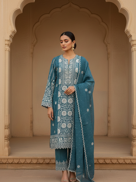 Blue Semistitched Chikankari Suit Set