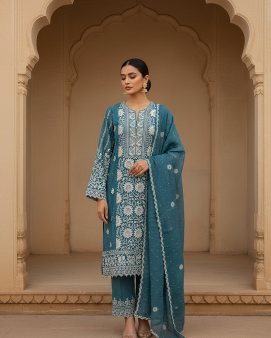 Blue Semistitched Chikankari Suit Set