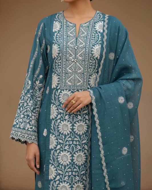 Blue Semistitched Chikankari Suit Set