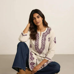 Purple Embroidery Chikankari Rayon Long Kurti