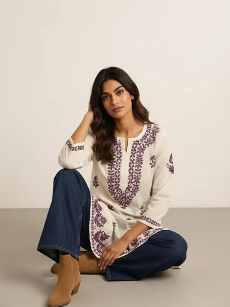 Purple Embroidery Chikankari Rayon Long Kurti