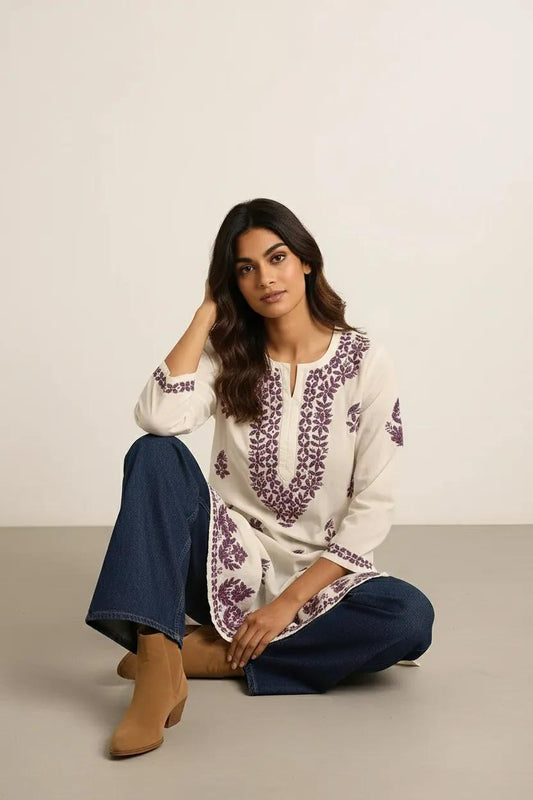 Purple Embroidery Chikankari Rayon Long Kurti