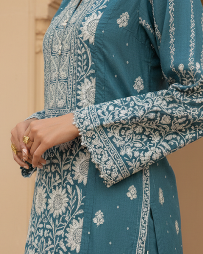 Blue Semistitched Chikankari Suit Set