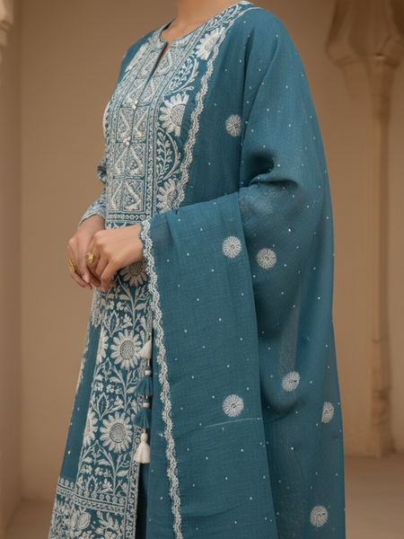 Blue Semistitched Chikankari Suit Set