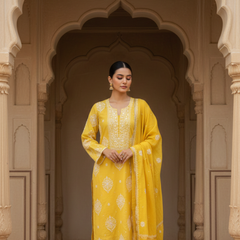 Yellow Semistitched Chikankari Suit Set
