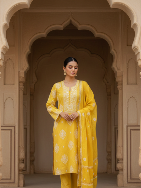 Yellow Semistitched Chikankari Suit Set