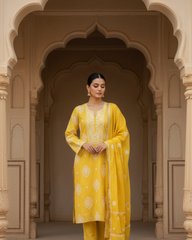 Yellow Semistitched Chikankari Suit Set