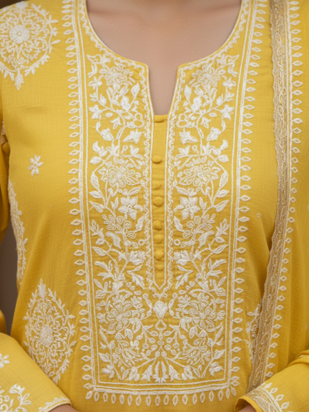 Yellow Semistitched Chikankari Suit Set