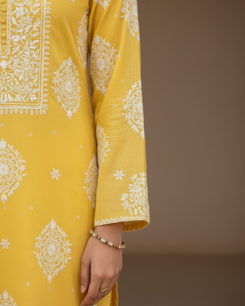 Yellow Semistitched Chikankari Suit Set