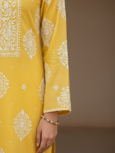 Yellow Semistitched Chikankari Suit Set
