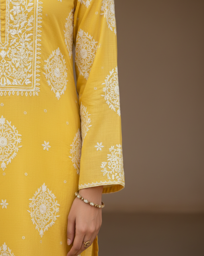Yellow Semistitched Chikankari Suit Set