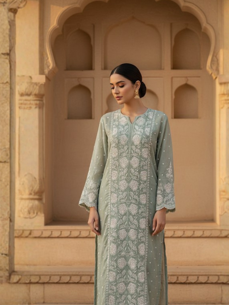 Mulchanderi Green Semistitched Jaal Suit Set