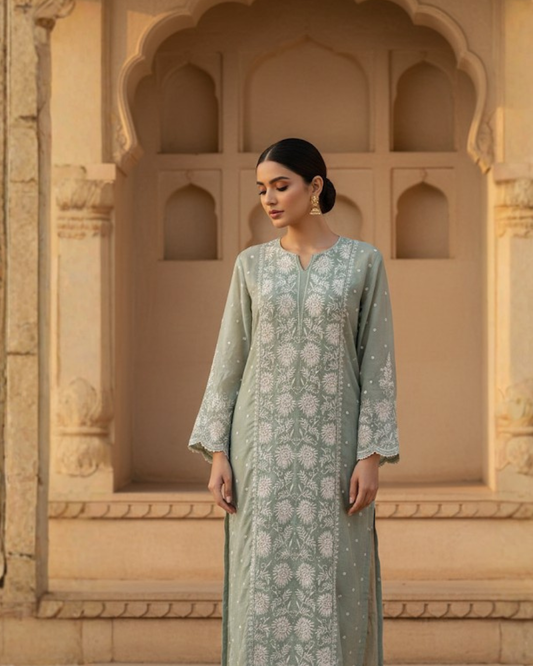 Mulchanderi Green Semistitched Jaal Suit Set