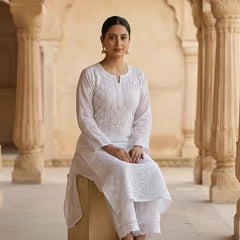 Resham Chikan Readymade Viscose Georgette Kurta White