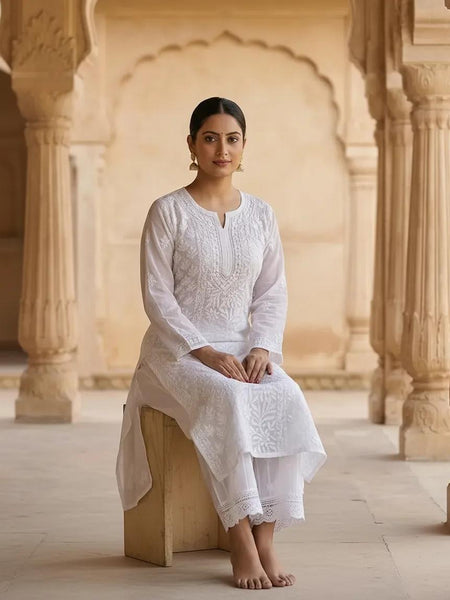Resham Chikan Readymade Viscose Georgette Kurta White
