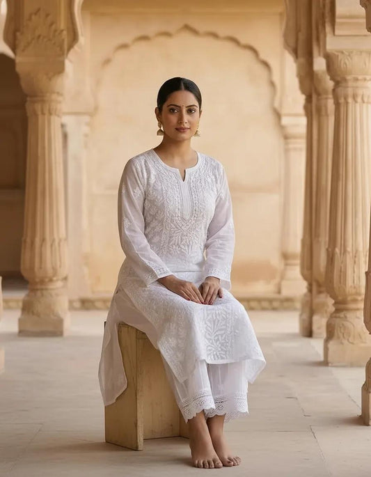 Resham Chikan Readymade Viscose Georgette Kurta White