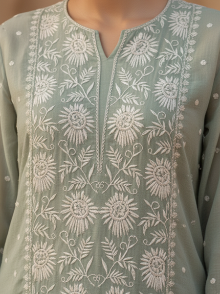Mulchanderi Green Semistitched Jaal Suit Set