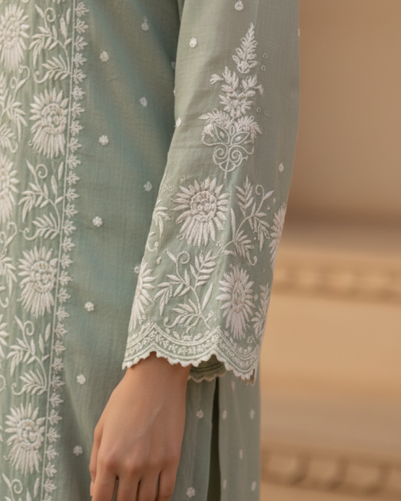 Mulchanderi Green Semistitched Jaal Suit Set