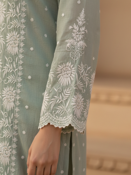Mulchanderi Green Semistitched Jaal Suit Set