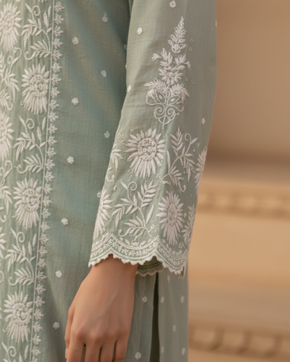 Mulchanderi Green Semistitched Jaal Suit Set