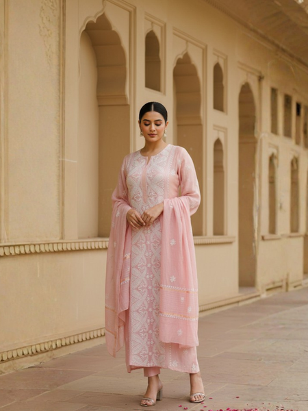 Dusky Pink Chikankari Semistitched Suit Set