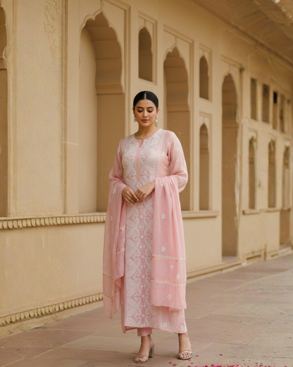 Dusky Pink Chikankari Semistitched Suit Set
