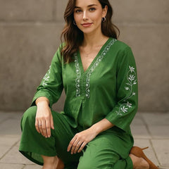 Dark Green Readymade Cotton Co-ord Set
