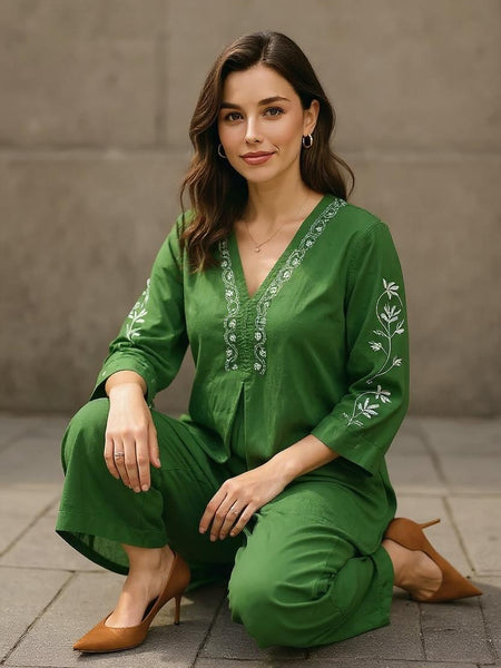 Dark Green Readymade Cotton Co-ord Set