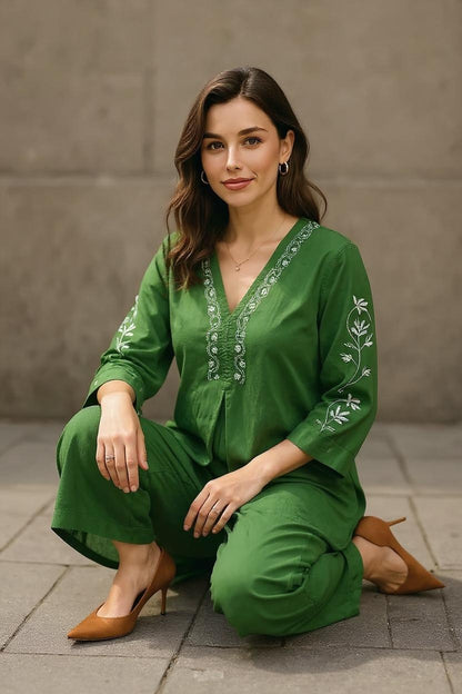 Dark Green Readymade Cotton Co-ord Set