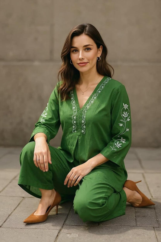 Dark Green Readymade Cotton Co-ord Set