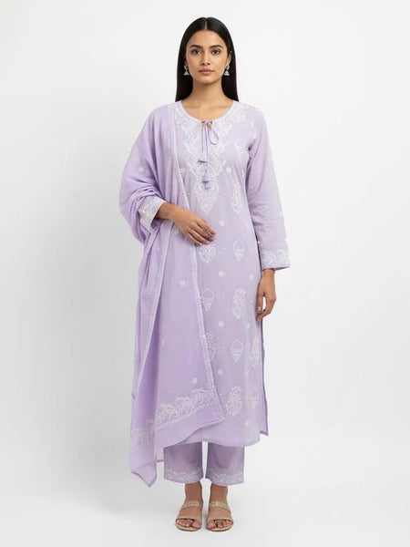 Purple Pure Cotton Semistitched Suit Set